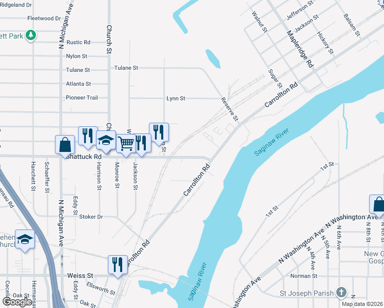 map of restaurants, bars, coffee shops, grocery stores, and more near 233 Shattuck Road in Saginaw