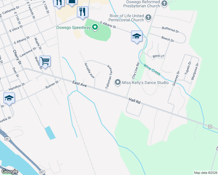 map of restaurants, bars, coffee shops, grocery stores, and more near in Oswego