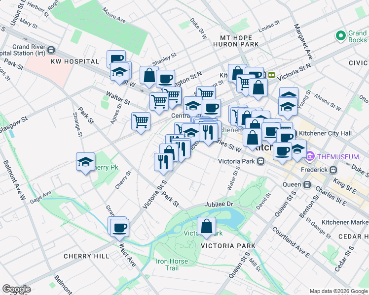 map of restaurants, bars, coffee shops, grocery stores, and more near 72 Victoria Street South in Kitchener