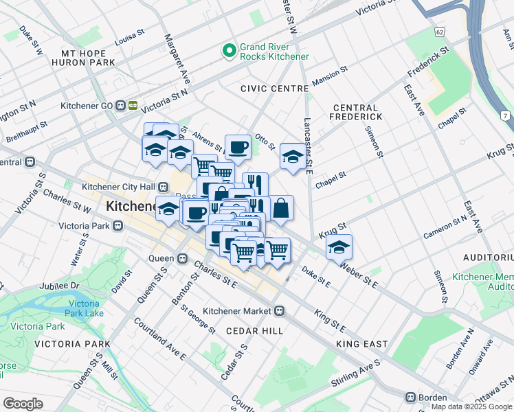 map of restaurants, bars, coffee shops, grocery stores, and more near 39 Weber Street East in Kitchener