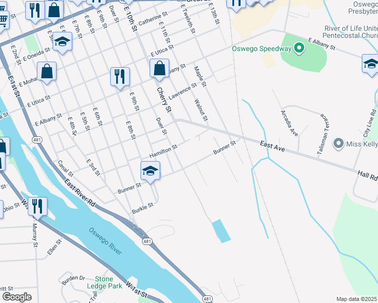 map of restaurants, bars, coffee shops, grocery stores, and more near in Oswego