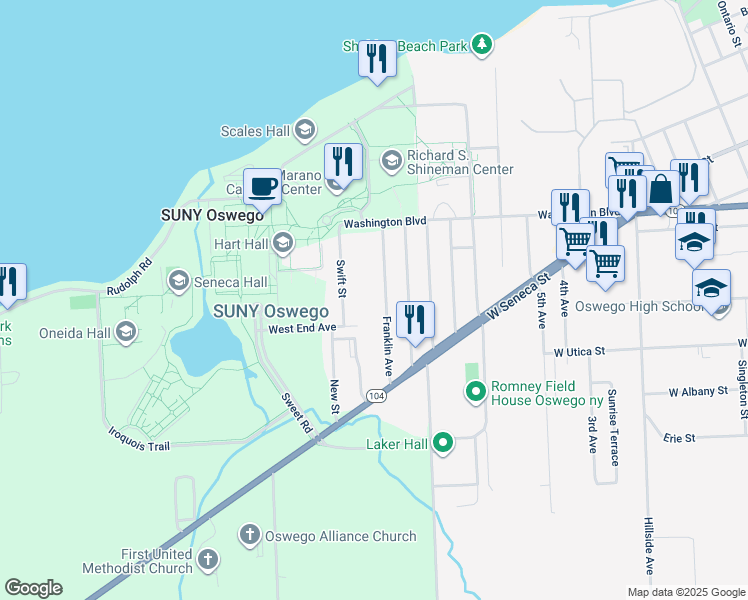 map of restaurants, bars, coffee shops, grocery stores, and more near 39 Franklin Avenue in Oswego