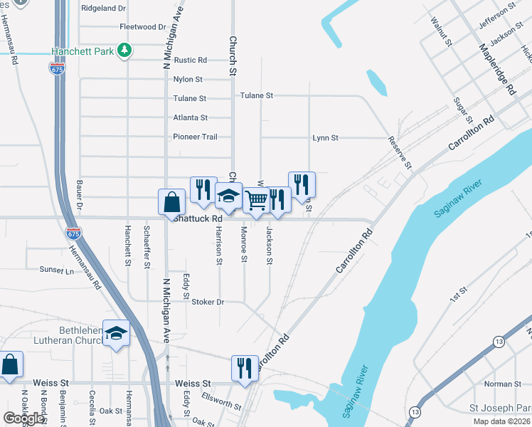 map of restaurants, bars, coffee shops, grocery stores, and more near 417 Shattuck Road in Saginaw