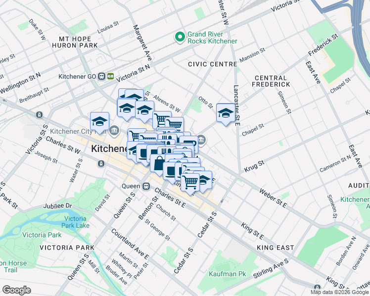 map of restaurants, bars, coffee shops, grocery stores, and more near 85 Frederick Street in Kitchener