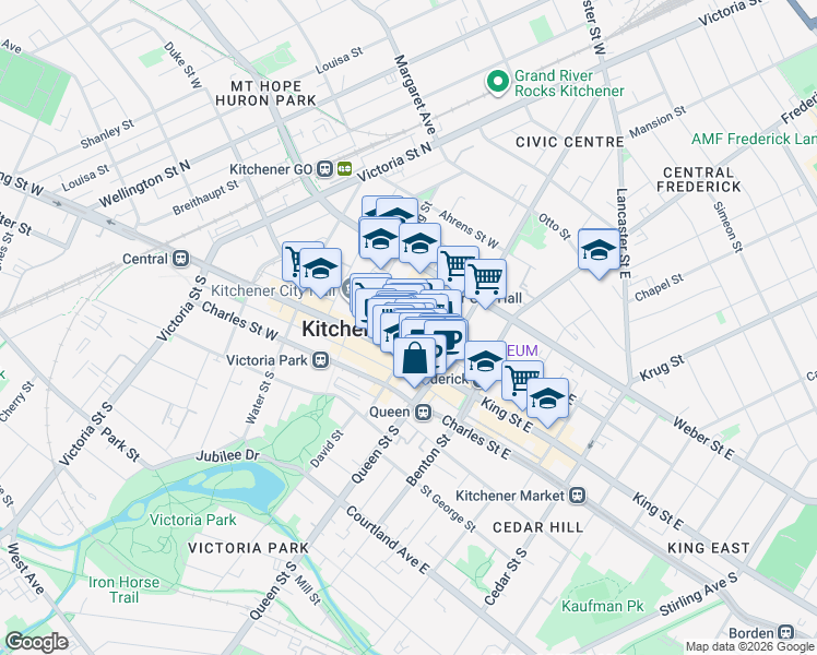 map of restaurants, bars, coffee shops, grocery stores, and more near 73 King Street East in Kitchener