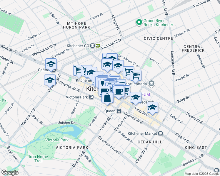 map of restaurants, bars, coffee shops, grocery stores, and more near 55 Duke Street West in Kitchener