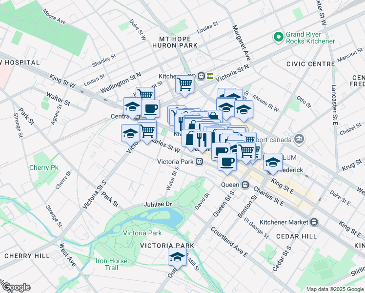 map of restaurants, bars, coffee shops, grocery stores, and more near 25 Water Street South in Kitchener