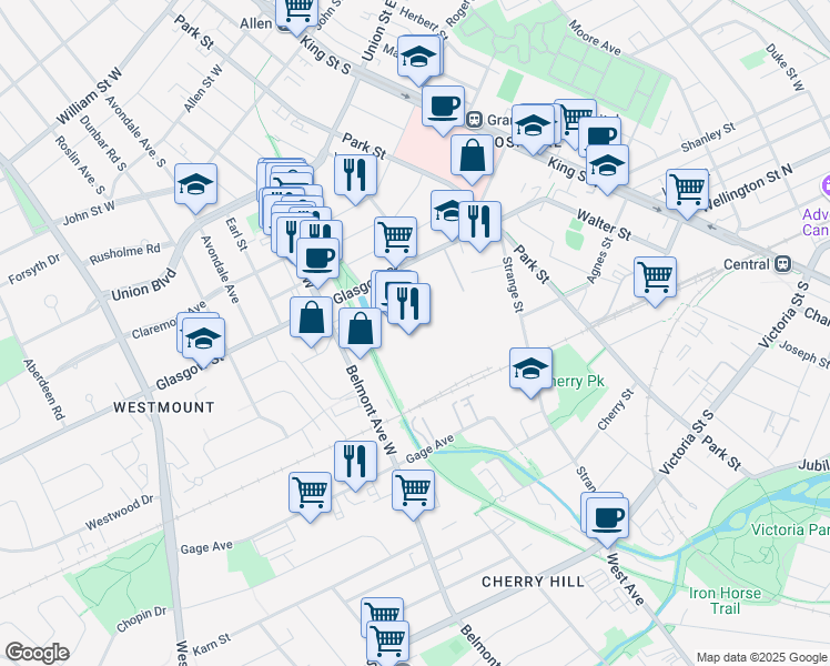 map of restaurants, bars, coffee shops, grocery stores, and more near 430-137 Glasgow Street in Kitchener