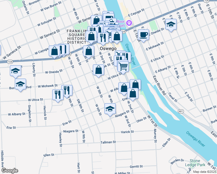 map of restaurants, bars, coffee shops, grocery stores, and more near 211 West 4th Street in Oswego