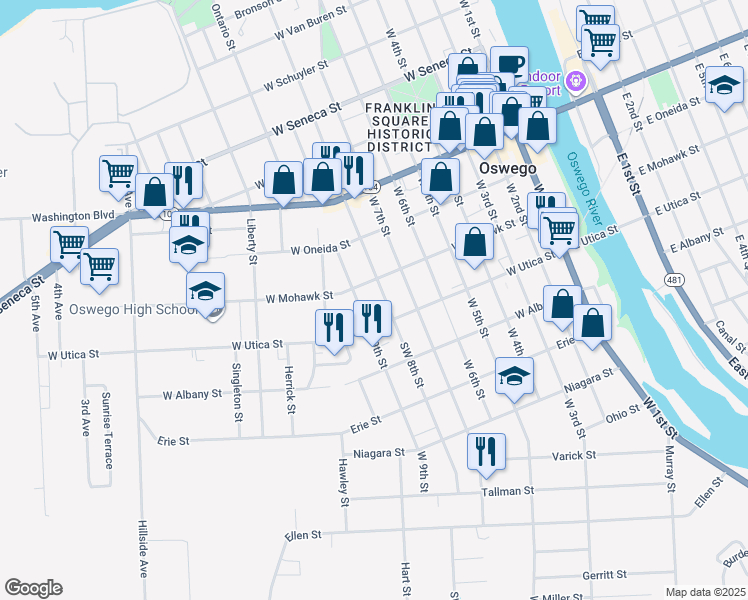 map of restaurants, bars, coffee shops, grocery stores, and more near 40 West 9th Street in Oswego