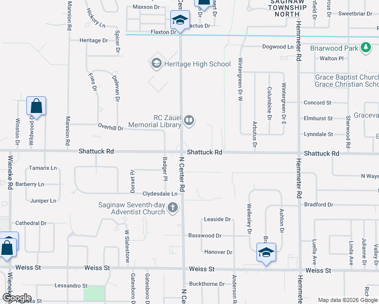 map of restaurants, bars, coffee shops, grocery stores, and more near 2953 North Center Road in Saginaw