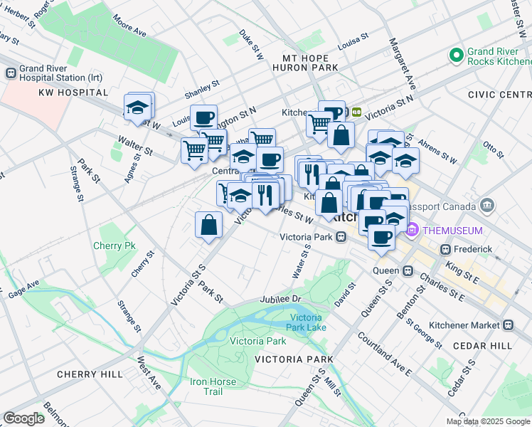 map of restaurants, bars, coffee shops, grocery stores, and more near 151 Charles Street West in Kitchener