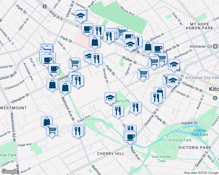 map of restaurants, bars, coffee shops, grocery stores, and more near 131 Strange Street in Kitchener