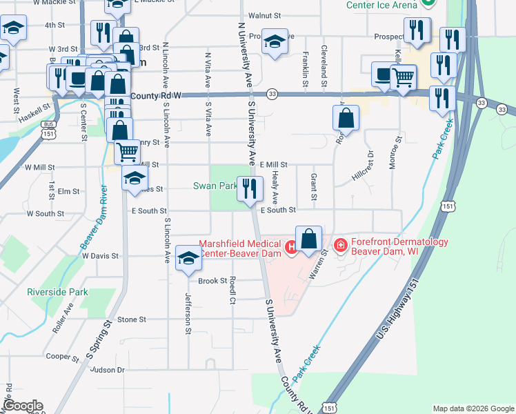 map of restaurants, bars, coffee shops, grocery stores, and more near 507 South University Avenue in Beaver Dam