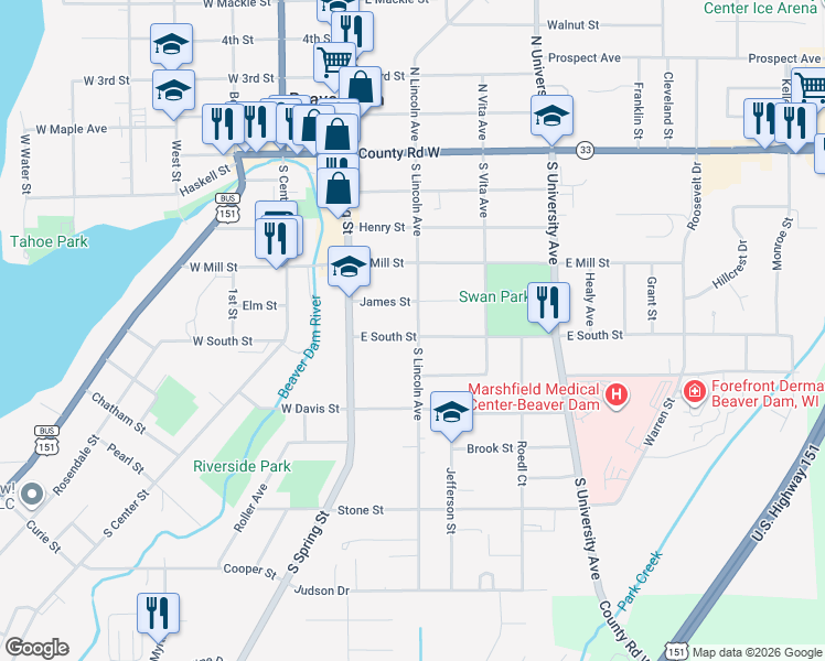 map of restaurants, bars, coffee shops, grocery stores, and more near 604 South Lincoln Avenue in Beaver Dam