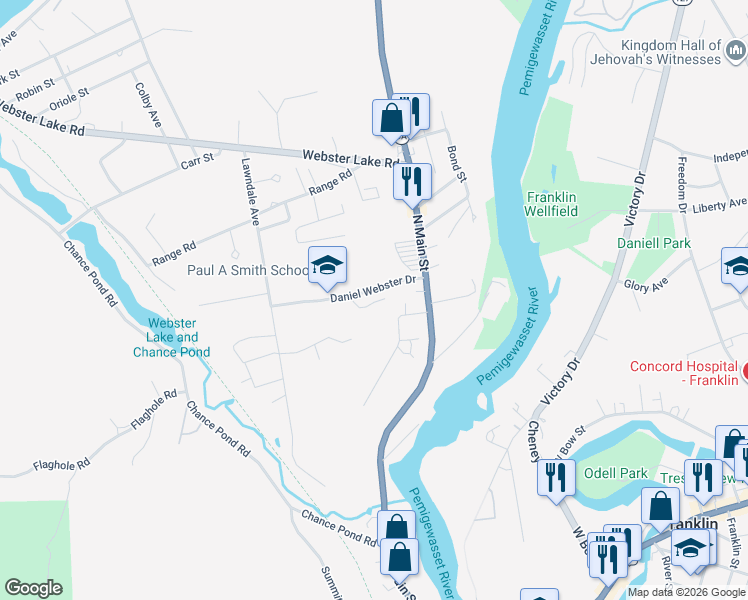 map of restaurants, bars, coffee shops, grocery stores, and more near 4 Daniel Webster Drive in Franklin