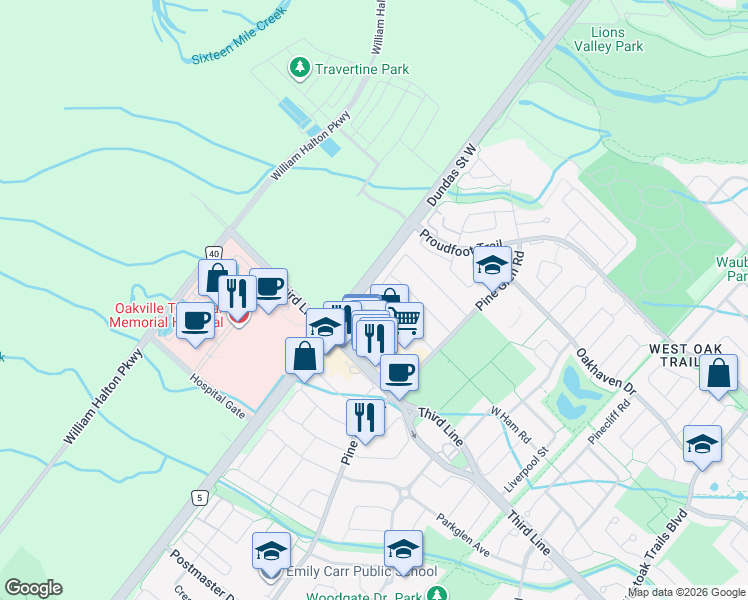 map of restaurants, bars, coffee shops, grocery stores, and more near 2364 Newcastle Crescent in Oakville