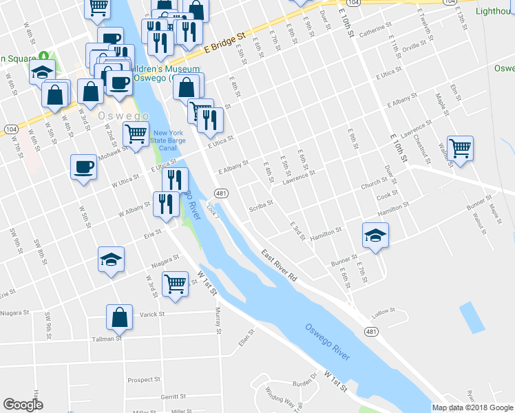 map of restaurants, bars, coffee shops, grocery stores, and more near 98 Yates Avenue in Oswego