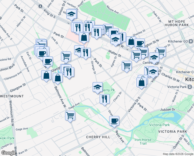 map of restaurants, bars, coffee shops, grocery stores, and more near 150 Strange Street in Kitchener