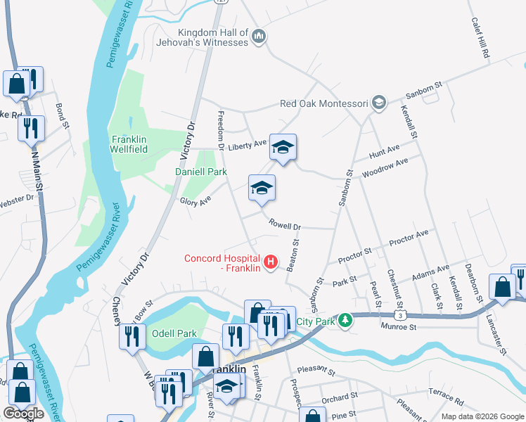 map of restaurants, bars, coffee shops, grocery stores, and more near 20 Rowell Drive in Franklin