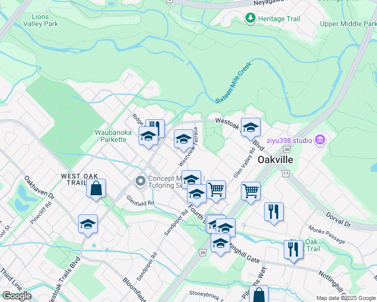 map of restaurants, bars, coffee shops, grocery stores, and more near 1161 Treetop Terrace in Oakville