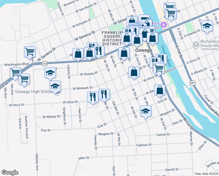 map of restaurants, bars, coffee shops, grocery stores, and more near 88 West Mohawk Street in Oswego