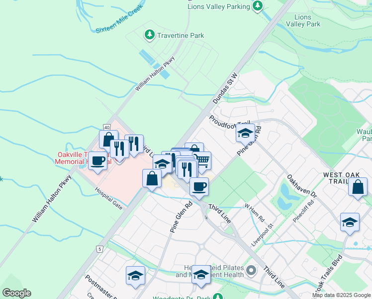 map of restaurants, bars, coffee shops, grocery stores, and more near 2366 Newcastle Crescent in Oakville