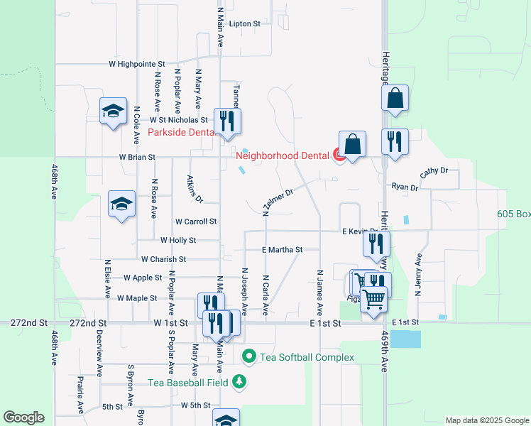 map of restaurants, bars, coffee shops, grocery stores, and more near 560 North Zelmer Drive in Tea