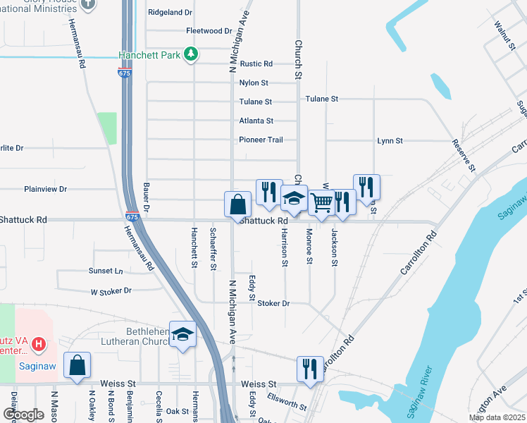 map of restaurants, bars, coffee shops, grocery stores, and more near 3100 Lily Street in Saginaw