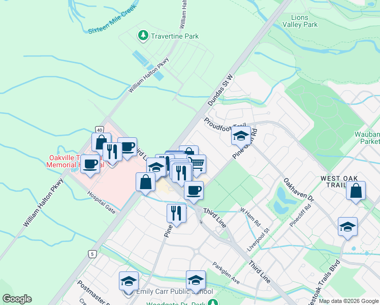 map of restaurants, bars, coffee shops, grocery stores, and more near 2351 Newcastle Crescent in Oakville