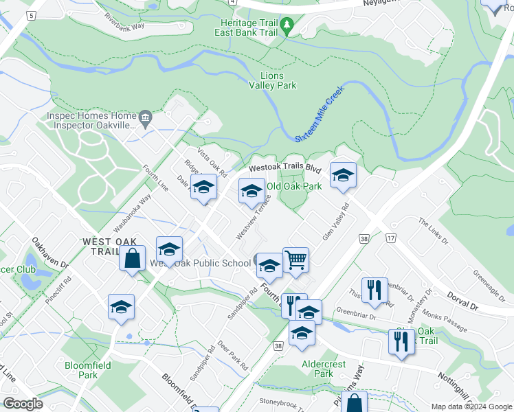map of restaurants, bars, coffee shops, grocery stores, and more near 1191 Westview Terrace in Oakville