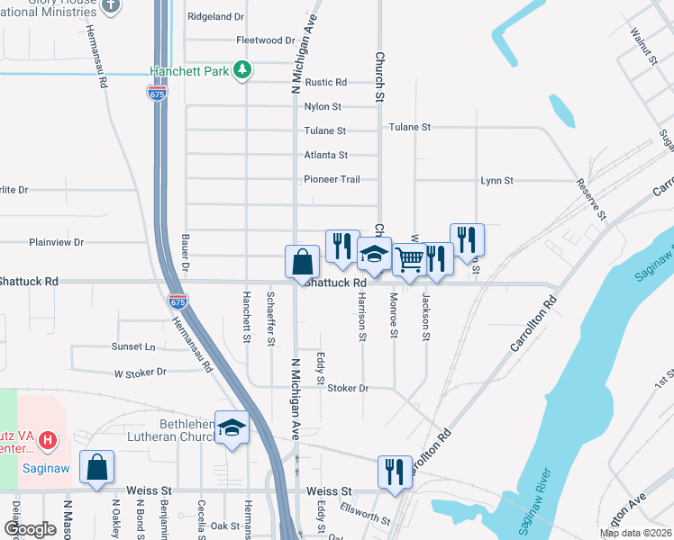 map of restaurants, bars, coffee shops, grocery stores, and more near 3100 Lily Street in Saginaw