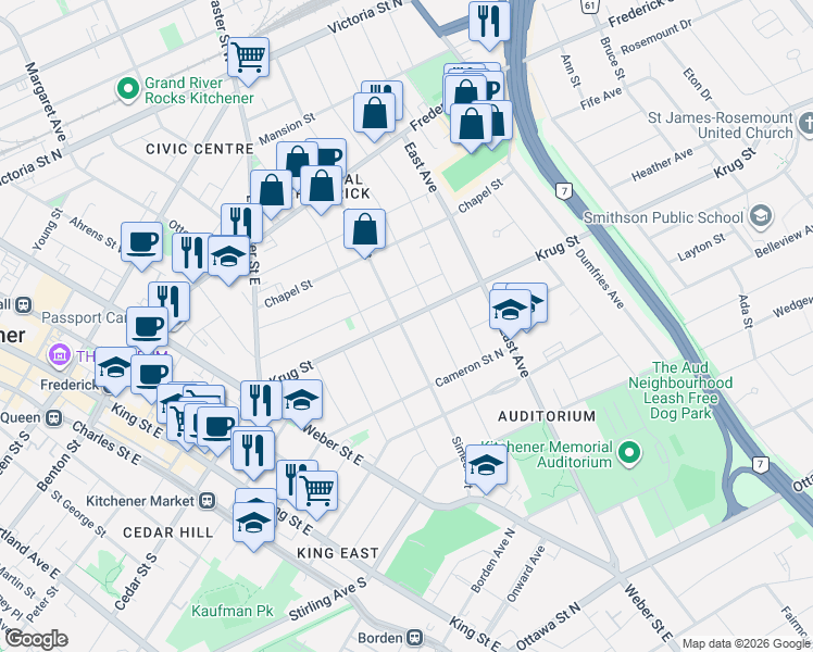 map of restaurants, bars, coffee shops, grocery stores, and more near 140 Krug Street in Kitchener