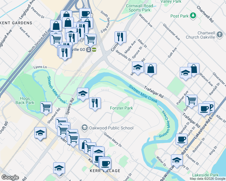 map of restaurants, bars, coffee shops, grocery stores, and more near 379 River Side Drive in Oakville