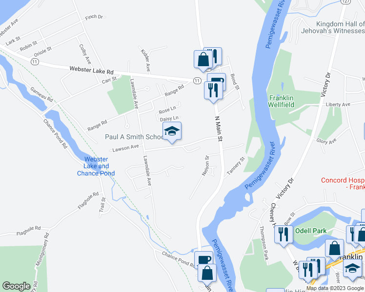 map of restaurants, bars, coffee shops, grocery stores, and more near 10 Daniel Webster Drive in Franklin