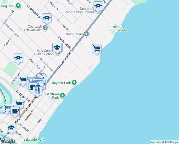map of restaurants, bars, coffee shops, grocery stores, and more near 9 Chartwell Road in Oakville