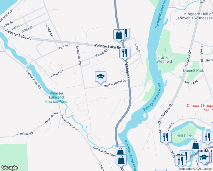 map of restaurants, bars, coffee shops, grocery stores, and more near 41 Daniel Webster Drive in Franklin