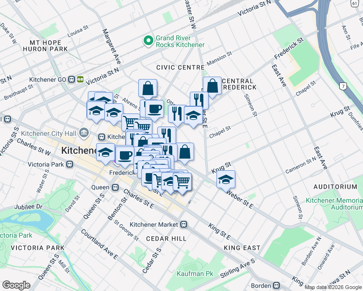map of restaurants, bars, coffee shops, grocery stores, and more near 11 Irvin Street in Kitchener