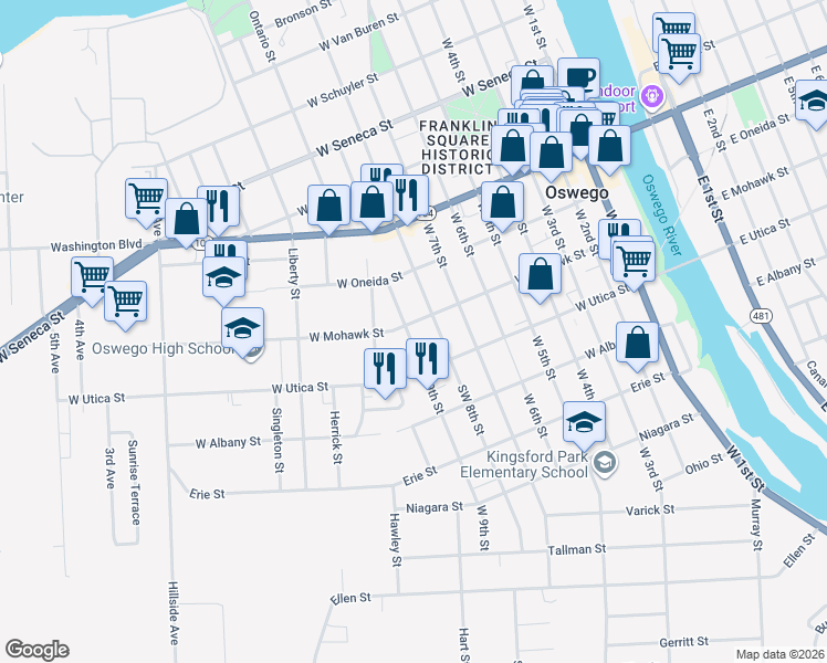 map of restaurants, bars, coffee shops, grocery stores, and more near 15 West 9th Street in Oswego