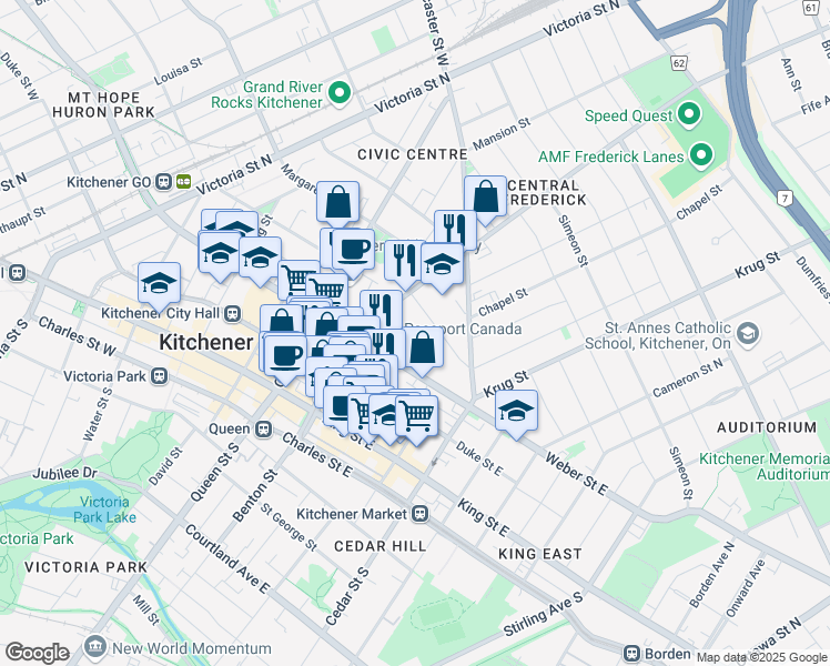 map of restaurants, bars, coffee shops, grocery stores, and more near 11 Irvin Street in Kitchener