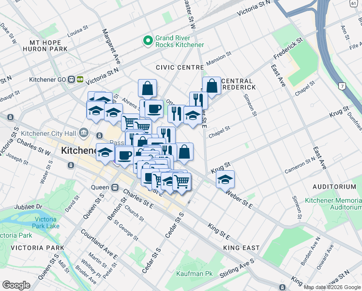 map of restaurants, bars, coffee shops, grocery stores, and more near 94 Scott Street in Kitchener