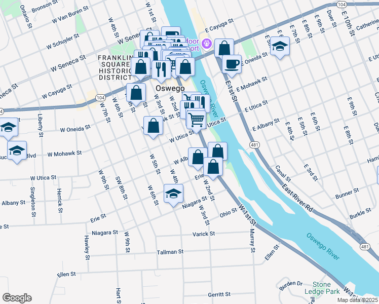 map of restaurants, bars, coffee shops, grocery stores, and more near 20-24 West Utica Street in Oswego