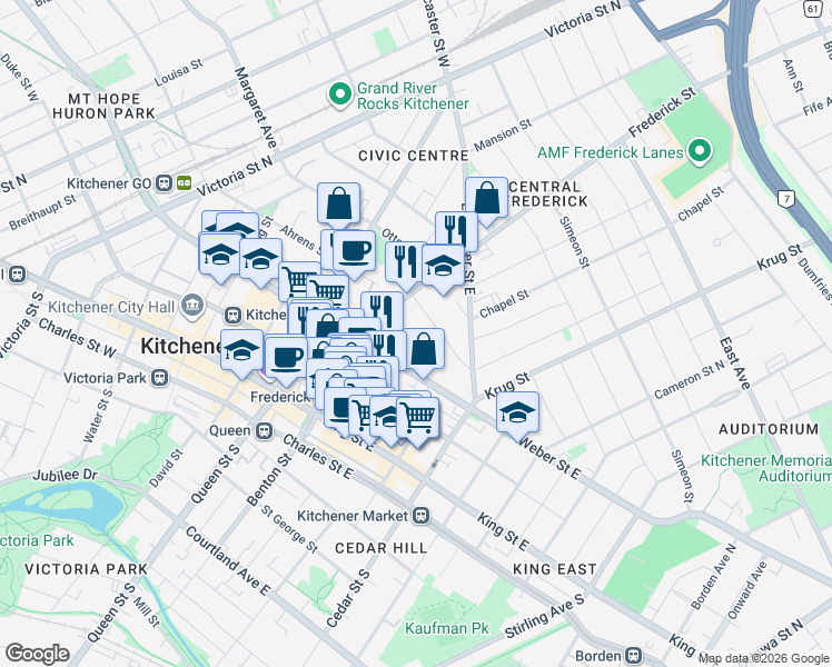 map of restaurants, bars, coffee shops, grocery stores, and more near 94 Scott Street in Kitchener
