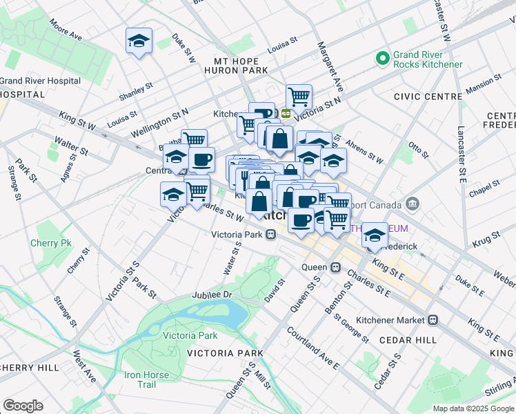 map of restaurants, bars, coffee shops, grocery stores, and more near 281 King Street West in Kitchener
