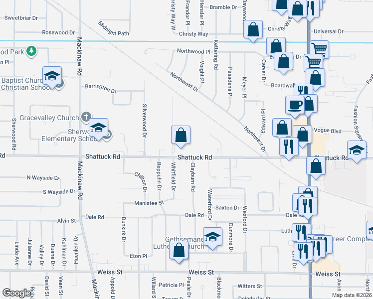 map of restaurants, bars, coffee shops, grocery stores, and more near 3000-3118 Shattuck Arms Boulevard in Saginaw