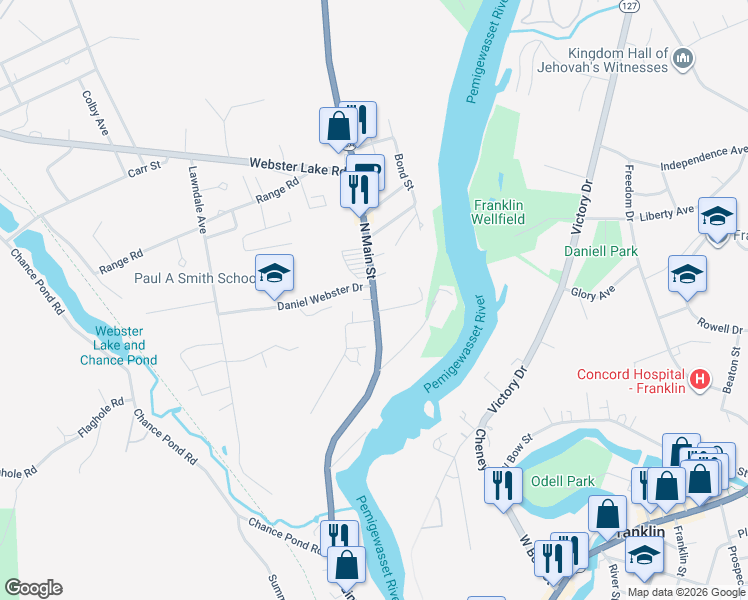 map of restaurants, bars, coffee shops, grocery stores, and more near 355 North Main Street in Franklin
