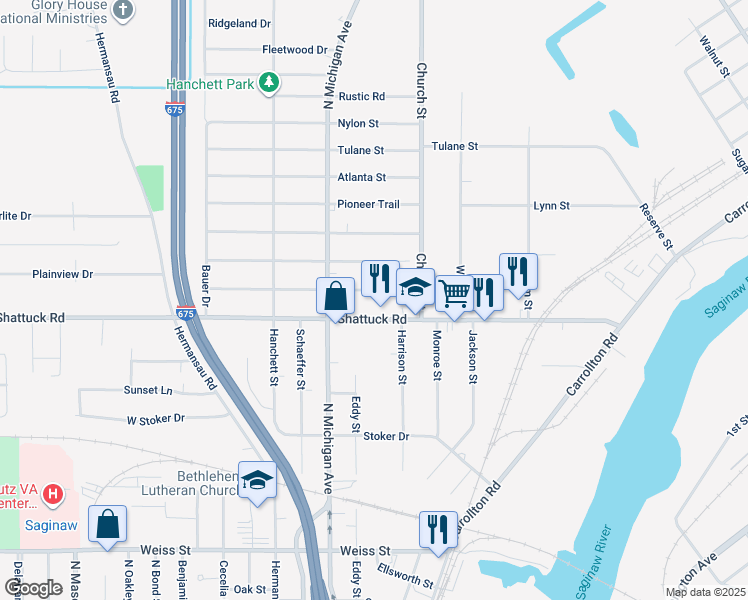map of restaurants, bars, coffee shops, grocery stores, and more near 548 Shattuck Road in Saginaw