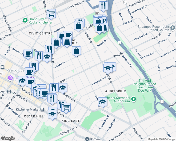map of restaurants, bars, coffee shops, grocery stores, and more near 123 Krug Street in Kitchener