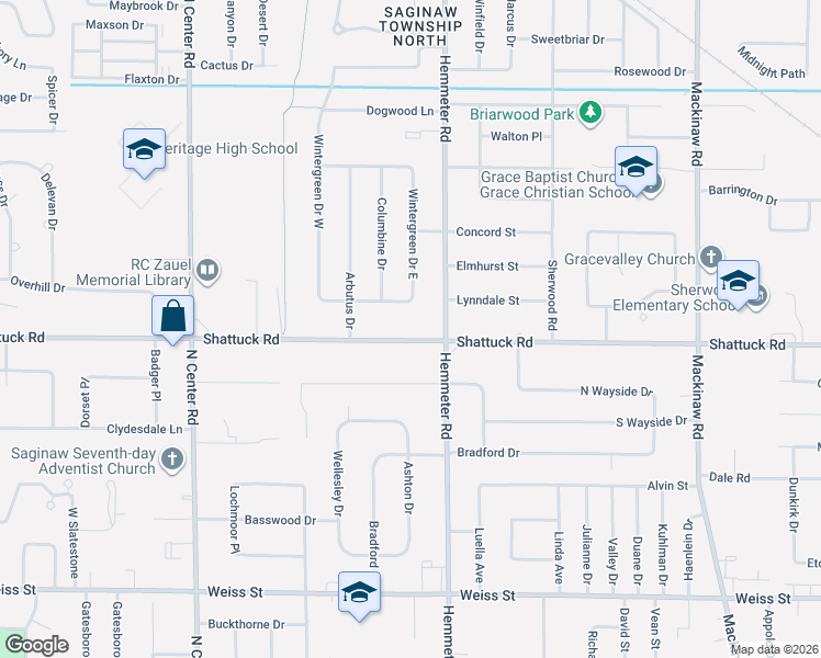 map of restaurants, bars, coffee shops, grocery stores, and more near 3060 Wintergreen Drive East in Saginaw