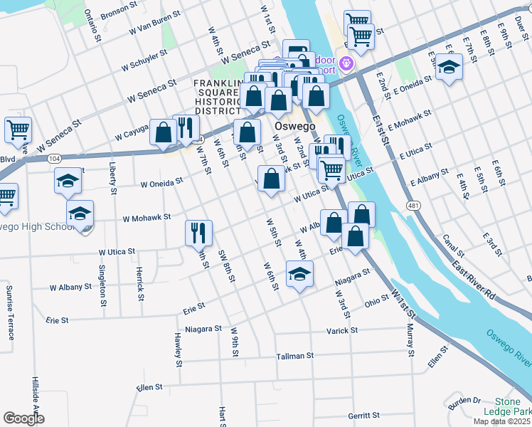 map of restaurants, bars, coffee shops, grocery stores, and more near 195 West 5th Street in Oswego